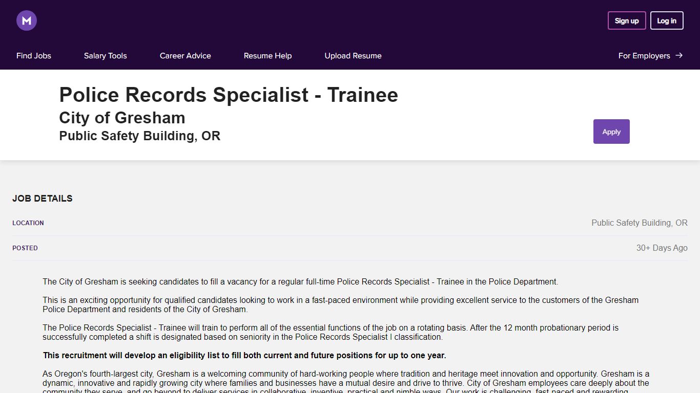 Police Records Specialist - Trainee - City of Gresham